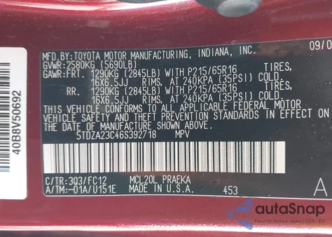 2006 Toyota Sienna Le z USA, uszkodzony, nr VIN 5TDZA23C46S392718